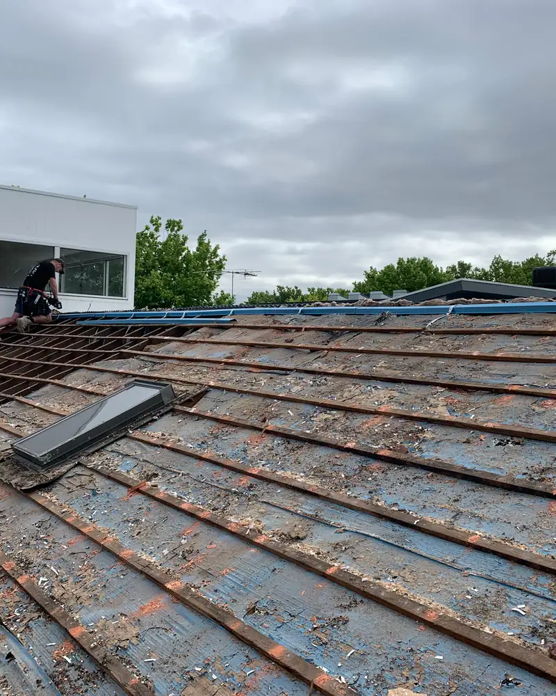 Old roof sheeting being removed from a house